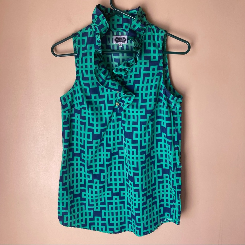 Mud Pie Blue & Green Geometric Print Ruffle Neck Tunic; Size S